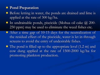  Pond PreparationPond Preparation
 Before letting in water, the ponds are drained and lime isBefore letting in water, the ponds are drained and lime is
applied at the rate of 300 kg/ha.applied at the rate of 300 kg/ha.
 In undrainable ponds, piscicide (Mohua oil cake @ 200-In undrainable ponds, piscicide (Mohua oil cake @ 200-
250 ppm) may be used to eliminate the weed fishes etc.250 ppm) may be used to eliminate the weed fishes etc.
 After a time gap of 10-15 days for the neutralization ofAfter a time gap of 10-15 days for the neutralization of
the residual effect of the piscicide, water is let in throughthe residual effect of the piscicide, water is let in through
screens to avoid the entry of undesirable fishes.screens to avoid the entry of undesirable fishes.
 The pond is filled up to the appropriate level (1.2 m) andThe pond is filled up to the appropriate level (1.2 m) and
cow dung applied at the rate of 1500-2000 kg/ha forcow dung applied at the rate of 1500-2000 kg/ha for
promoting plankton production.promoting plankton production.
 