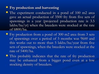  Fry production and harvestingFry production and harvesting
 The experiment conducted in a pond of 100 m2 areaThe experiment conducted in a pond of 100 m2 area
gave an actual production of 3500 fry from five sets ofgave an actual production of 3500 fry from five sets of
spawnings in a year (projected production rate is 3.5spawnings in a year (projected production rate is 3.5
lakhs/ha/yr) when the breeders were stocked at the ratelakhs/ha/yr) when the breeders were stocked at the rate
of 6800/ha.of 6800/ha.
 Fry production from a pond of 300 m2 area from 3 setsFry production from a pond of 300 m2 area from 3 sets
of spawnings over a period of 5 months was 9600 andof spawnings over a period of 5 months was 9600 and
this works out to more than 5 lakhs/ha/year from fivethis works out to more than 5 lakhs/ha/year from five
sets of spawnings, when the breeders were stocked at thesets of spawnings, when the breeders were stocked at the
rate of 5400/ha.rate of 5400/ha.
 This probably indicates that the rate of fry productionThis probably indicates that the rate of fry production
may be enhanced from a bigger pond even at a lowmay be enhanced from a bigger pond even at a low
stocking density of breeders.stocking density of breeders.
 