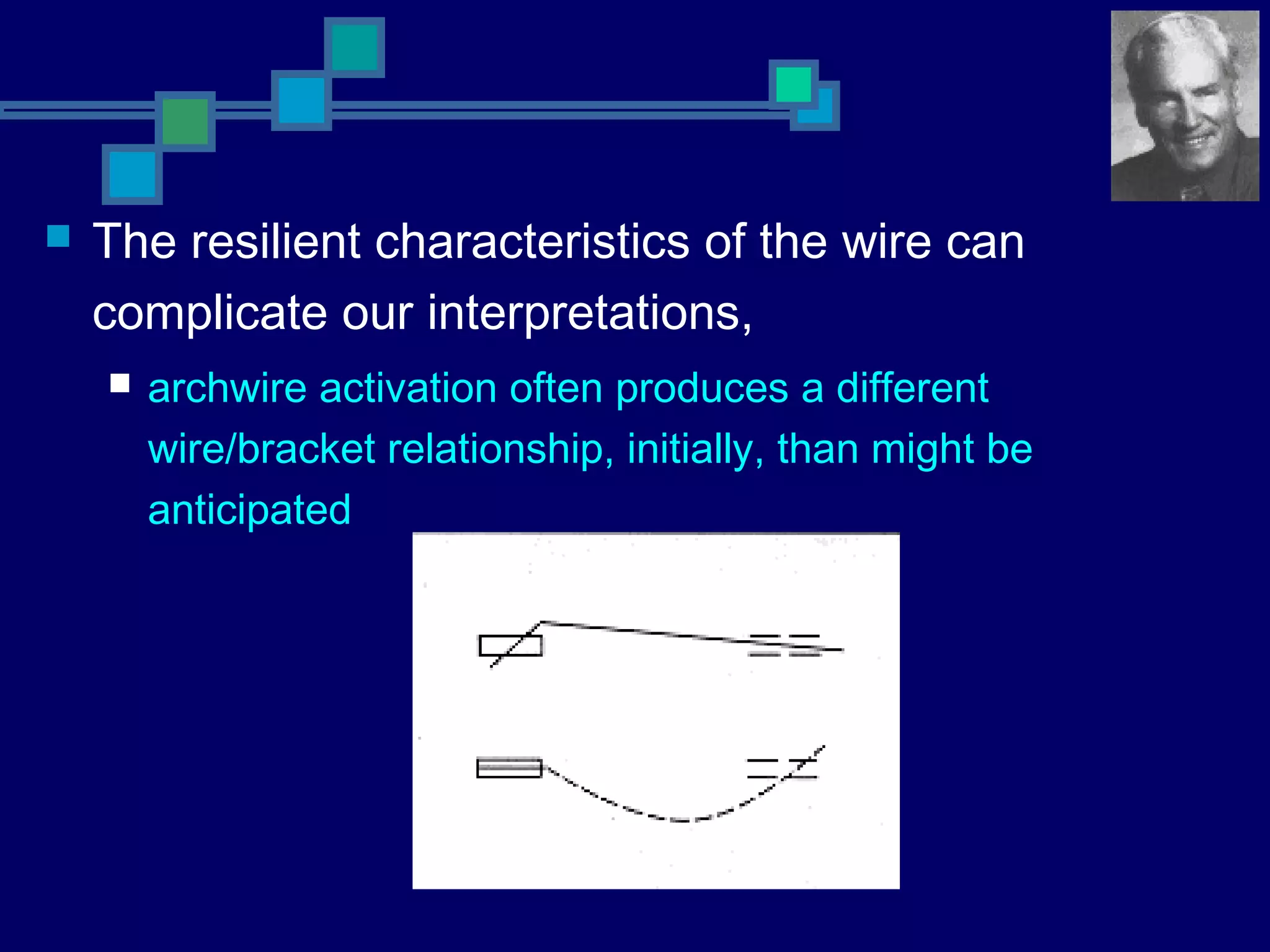  The resilient characteristics of the wire can
complicate our interpretations,
 archwire activation often produces a different
wire/bracket relationship, initially, than might be
anticipated
 