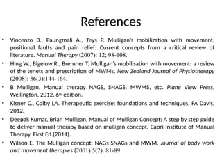 References
• Vincenzo B., Paungmali A., Teys P. Mulligan’s mobilization with movement,
positional faults and pain relief: Current concepts from a critical review of
literature. Manual Therapy (2007): 12; 98-108.
• Hing W., Bigelow R., Bremner T. Mulligan’s mobilisation with movement: a review
of the tenets and prescription of MWMs. New Zealand Journal of Physiotherapy
(2008): 36(3):144-164.
• B Mulligan. Manual therapy NAGS, SNAGS, MWMS, etc. Plane View Press,
Wellington, 2012, 6th edition.
• Kisner C., Colby LA. Therapeutic exercise: foundations and techniques. FA Davis,
2012.
• Deepak Kumar, Brian Mulligan. Manual of Mulligan Concept: A step by step guide
to deliver manual therapy based on mulligan concept. Capri Institute of Manual
Therapy. First Ed.(2014).
• Wilson E. The Mulligan concept: NAGs SNAGs and MWM. Journal of body work
and movement therapies (2001) 5(2): 81-89.
 
