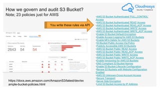 How we govern and audit S3 Bucket?
Note; 23 policies just for AWS •AWS S3 Bucket Authenticated 'FULL_CONTROL'
Access
•AWS S3 Bucket Authenticated 'READ' Access
•AWS S3 Bucket Authenticated 'READ_ACP' Access
•AWS S3 Bucket Authenticated 'WRITE' Access
•AWS S3 Bucket Authenticated 'WRITE_ACP' Access
•Enable S3 Bucket Default Encryption
•Enable Access Logging for AWS S3 Buckets
•Enable MFA Delete for AWS S3 Buckets
•S3 Bucket Public Access Via Policy
•Publicly Accessible AWS S3 Buckets
•AWS S3 Bucket Public 'READ' Access
•AWS S3 Bucket Public 'READ_ACP' Access
•AWS S3 Bucket Public 'WRITE' Access
•AWS S3 Bucket Public 'WRITE_ACP' Access
•Enable Versioning for AWS S3 Buckets
•DNS Compliant S3 Bucket Names
•Enable S3 Bucket Lifecycle Configuration
•Review S3 Buckets with Website Configuration
Enabled
•AWS S3 Unknown Cross Account Access
•Secure Transport
•Server Side Encryption
•Limit S3 Bucket Access by IP Address
https://docs.aws.amazon.com/AmazonS3/latest/dev/ex
ample-bucket-policies.html
You write these rules via API
 