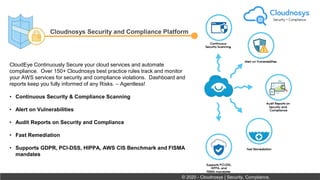 Cloudnosys Security and Compliance Platform
CloudEye Continuously Secure your cloud services and automate
compliance. Over 150+ Cloudnosys best practice rules track and monitor
your AWS services for security and compliance violations. Dashboard and
reports keep you fully informed of any Risks. – Agentless!
• Continuous Security & Compliance Scanning
• Alert on Vulnerabilities
• Audit Reports on Security and Compliance
• Fast Remediation
• Supports GDPR, PCI-DSS, HIPPA, AWS CIS Benchmark and FISMA
mandates
© 2020 - Cloudnosys | Security, Compliance.
 