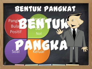 Bentuk Pangkat

   Bentuk
Pangkat    Pangkat
           Negatif
 Bulat       Dan
 Positif     Nol


   Pangkat
 Soal      Keluar
 
