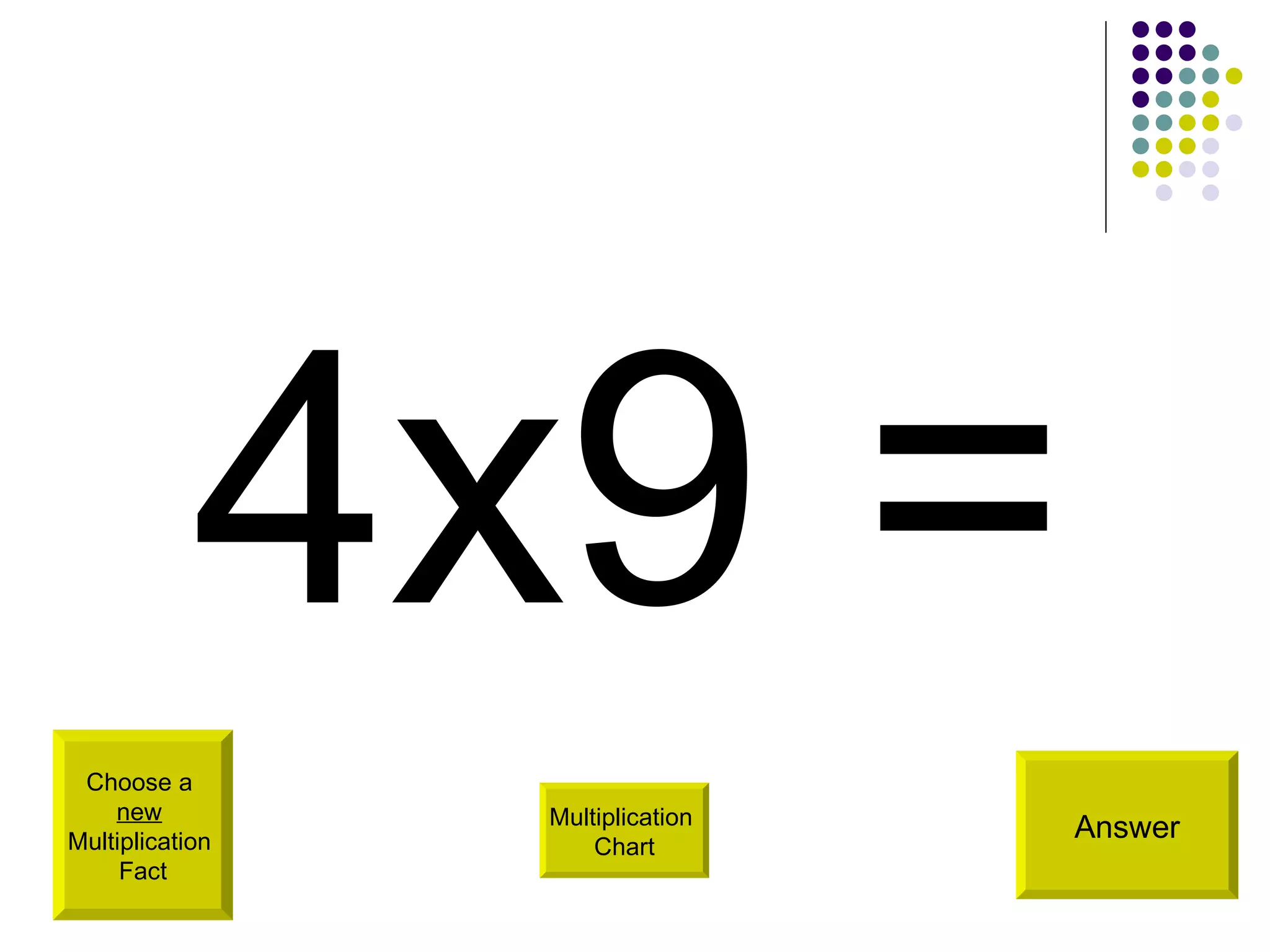 4x9 = Choose a  new   Multiplication  Fact Answer Multiplication  Chart 