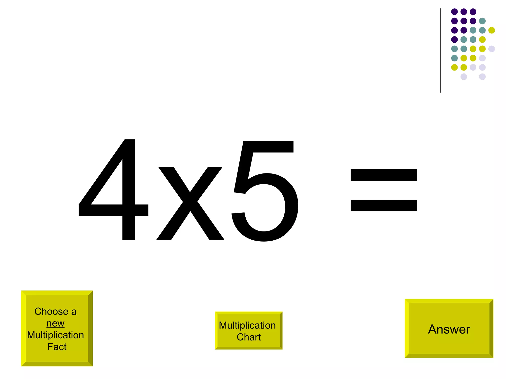 4x5 = Choose a  new   Multiplication  Fact Answer Multiplication  Chart 