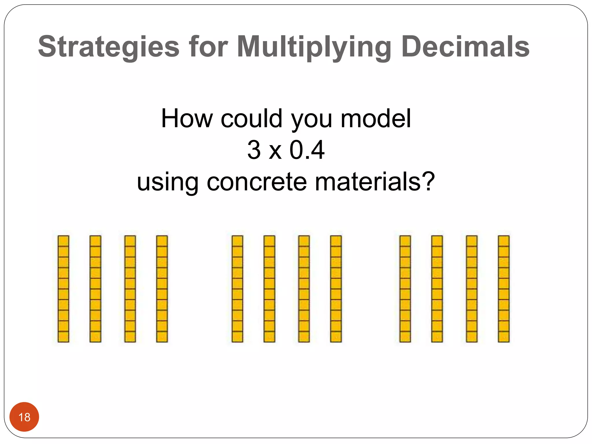 Strategies for Multiplying Decimals 
18 
How could you model 
3 x 0.4 
using concrete materials? 
 