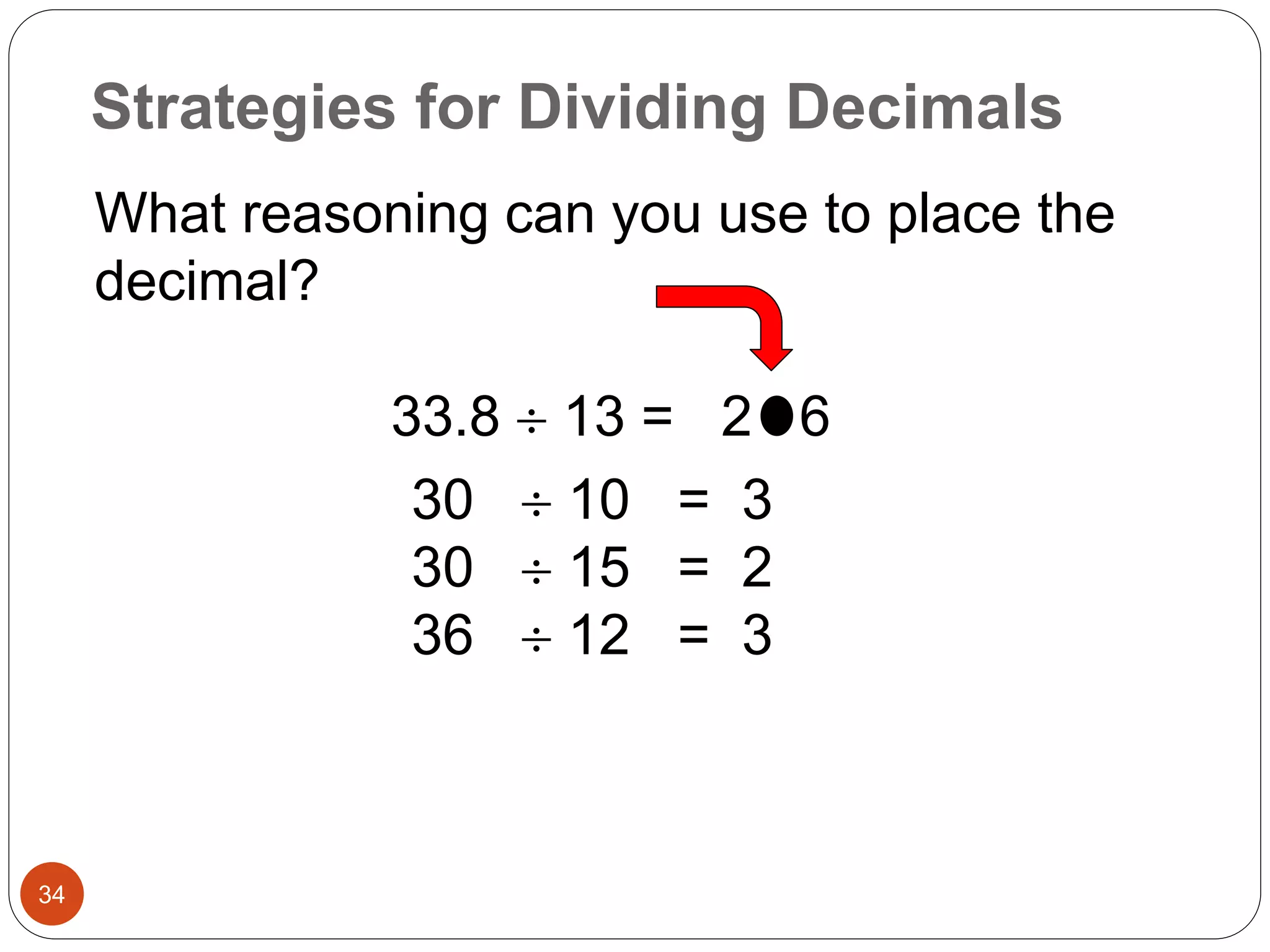 Strategies for Dividing Decimals 
34 
What reasoning can you use to place the 
decimal? 
33.8  13 = 2 6 
30  10 = 3 
30  15 = 2 
36  12 = 3 
 