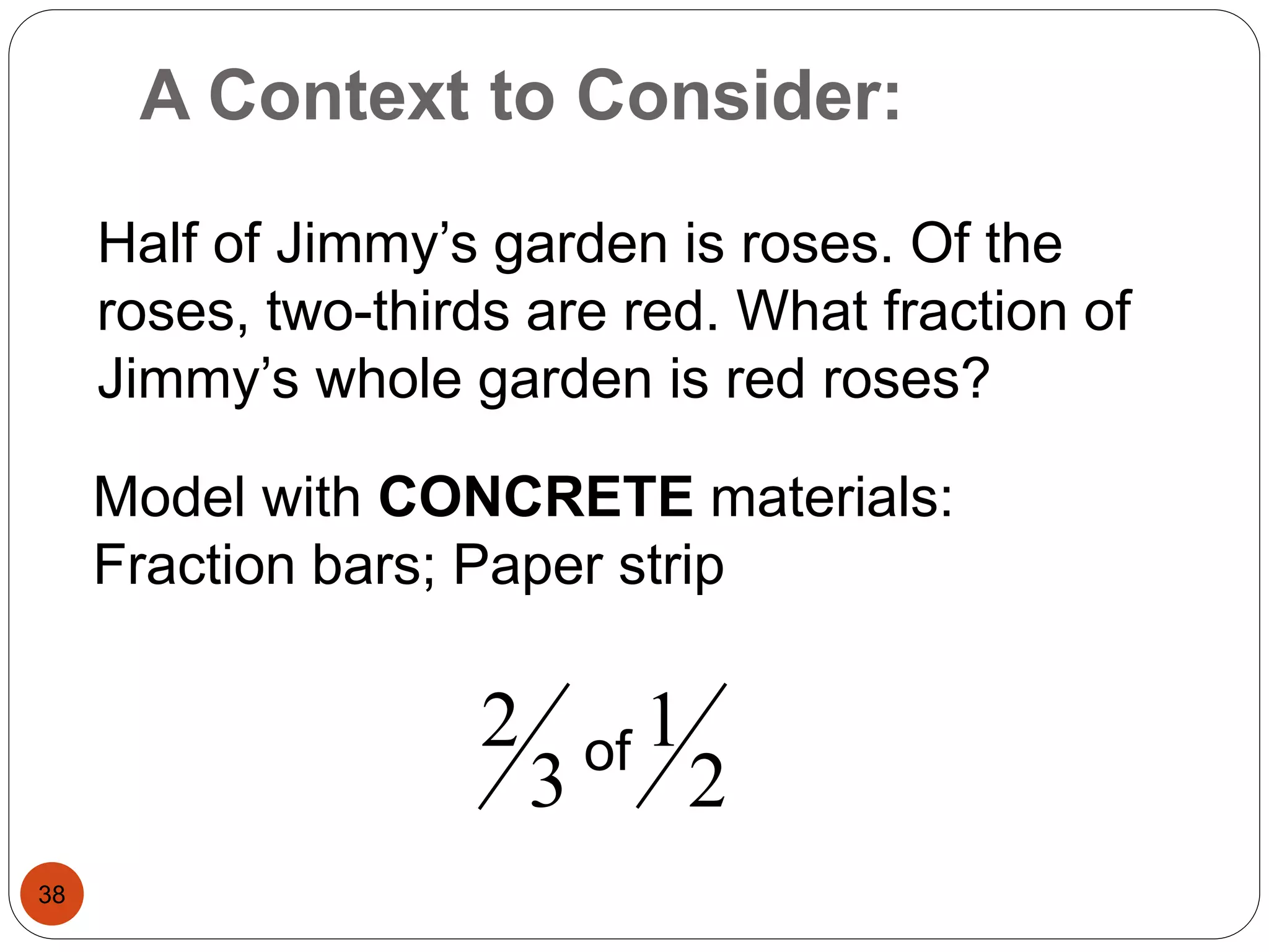 A Context to Consider: 
38 
Half of Jimmy’s garden is roses. Of the 
roses, two-thirds are red. What fraction of 
Jimmy’s whole garden is red roses? 
Model with CONCRETE materials: 
Fraction bars; Paper strip 
2 
1 
2 of 
3 
 