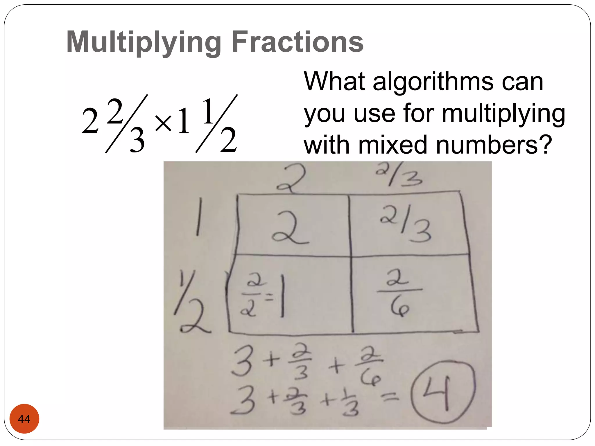 Multiplying Fractions 
44 
2 
1 1 
2 2  
3 
What algorithms can 
you use for multiplying 
with mixed numbers? 
 