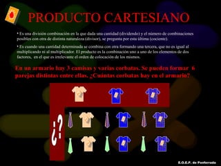 E.O.E.P. de Ponferrada
PRODUCTO CARTESIANO
• Es una división combinación en la que dada una cantidad (dividendo) y el número de combinaciones
posibles con otra de distinta naturaleza (divisor), se pregunta por esta última (cociente).
• Es cuando una cantidad determinada se combina con otra formando una tercera, que no es igual al
multiplicando ni al multiplicador. El producto es la combinación uno a uno de los elementos de dos
factores, en el que es irrelevante el orden de colocación de los mismos.
En un armario hay 3 camisas y varias corbatas. Se pueden formar 6
parejas distintas entre ellas. ¿Cuántas corbatas hay en el armario?
 