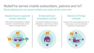 7
MulteFire serves mobile subscribers, patrons and IoT
Same deployment can serve multiple use cases at the same time
Neutral host to augment
mobile networks
SIM based authentication to offload
capacity in crowded places and/or
extend coverage indoors
Enhanced local
broadband access
Enhanced broadband access to
employees, customers or visitors,
typically without a SIM card
Internet of Things
verticals
Expand LTE value-added services to
more places, such as dedicated
industrial IoT deployments
 