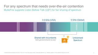9
For any spectrum that needs over-the-air contention
MulteFire supports Listen Before Talk (LBT) for fair sharing of spectrum
5 GHz (Global)
1) General Authorized Access (GAA) is tier 3 in the US 3.5 GHz 3-tier licensing model; 2) Regionally dependent, e.g. 500 MHz available in 5 GHz unlicensed spectrum in the USA.
3.5 GHz (USA)
500Mhz2
150Mhz
Shared with incumbents
GAA general shared access1
Unlicensed
Spectrum
 