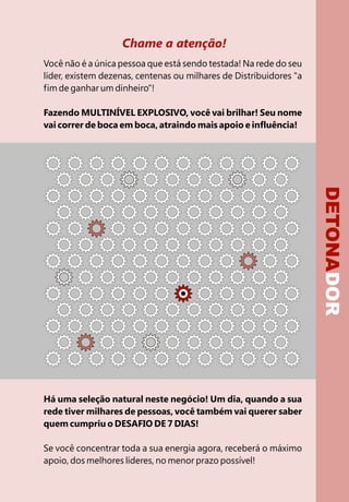 Chame a atenção!
Você não é a única pessoa que está sendo testada! Na rede do seu
líder, existem dezenas, centenas ou milhares de Distribuidores "a
fim de ganhar um dinheiro"!

Fazendo MULTINÍVEL EXPLOSIVO, você vai brilhar! Seu nome
vai correr de boca em boca, atraindo mais apoio e influência!




                                                                    DETONADOR



Há uma seleção natural neste negócio! Um dia, quando a sua
rede tiver milhares de pessoas, você também vai querer saber
quem cumpriu o DESAFIO DE 7 DIAS!

Se você concentrar toda a sua energia agora, receberá o máximo
apoio, dos melhores líderes, no menor prazo possível!
 