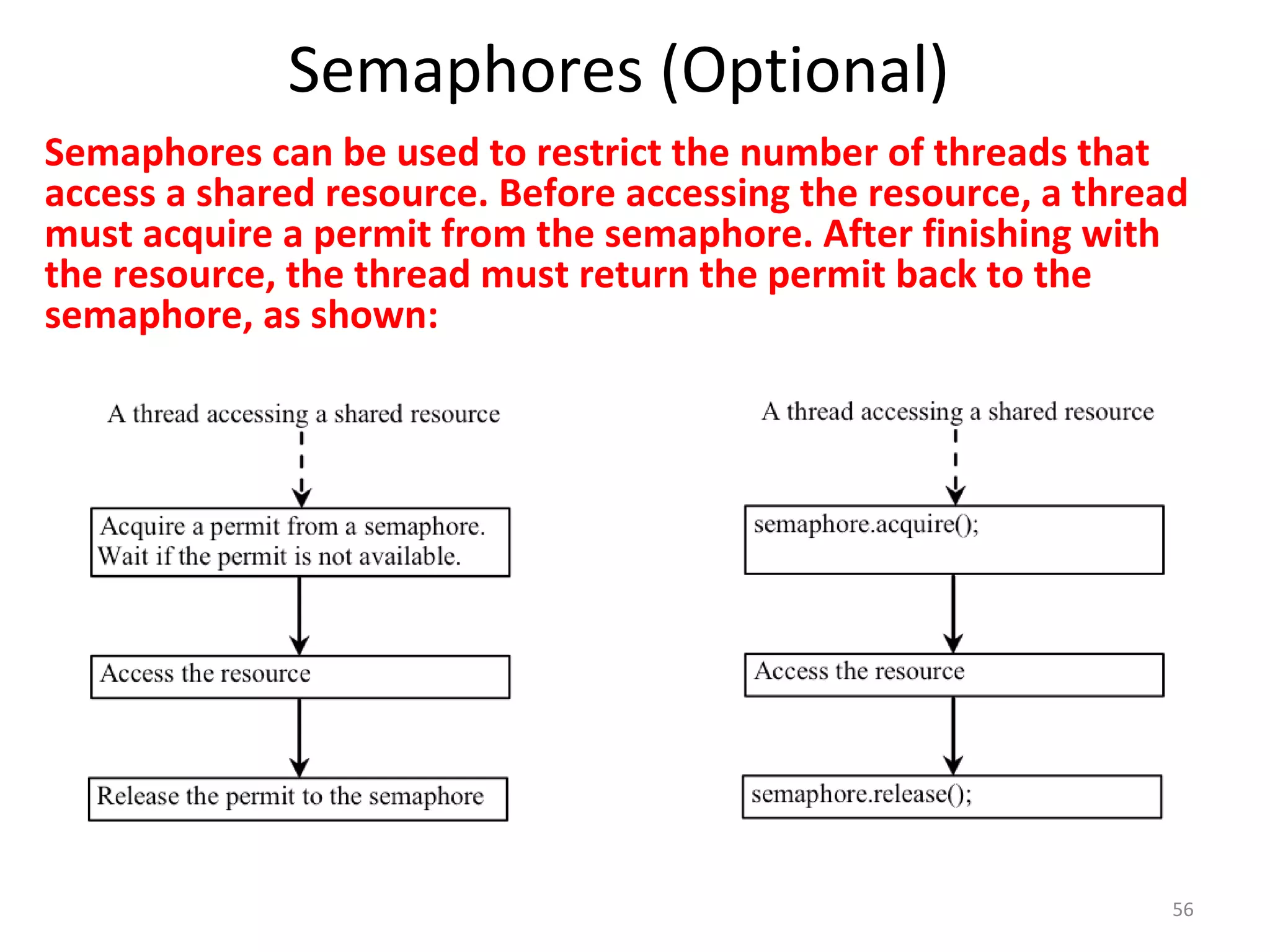 Semaphores (Optional)
56
Semaphores can be used to restrict the number of threads that
access a shared resource. Before accessing the resource, a thread
must acquire a permit from the semaphore. After finishing with
the resource, the thread must return the permit back to the
semaphore, as shown:
 