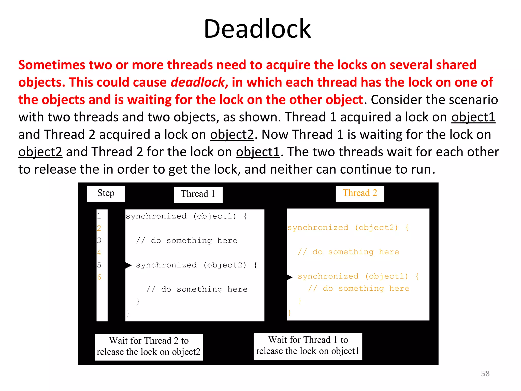 Deadlock
58
Sometimes two or more threads need to acquire the locks on several shared
objects. This could cause deadlock, in which each thread has the lock on one of
the objects and is waiting for the lock on the other object. Consider the scenario
with two threads and two objects, as shown. Thread 1 acquired a lock on object1
and Thread 2 acquired a lock on object2. Now Thread 1 is waiting for the lock on
object2 and Thread 2 for the lock on object1. The two threads wait for each other
to release the in order to get the lock, and neither can continue to run.
synchronized (object1) {
// do something here
synchronized (object2) {
// do something here
}
}
Thread 1
synchronized (object2) {
// do something here
synchronized (object1) {
// do something here
}
}
Thread 2Step
1
2
3
4
5
6
Wait for Thread 2 to
release the lock on object2
Wait for Thread 1 to
release the lock on object1
 