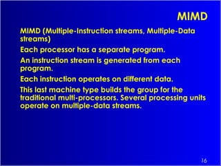 16
MIMD
MIMD (Multiple-Instruction streams, Multiple-Data
streams)
Each processor has a separate program.
An instruction stream is generated from each
program.
Each instruction operates on different data.
This last machine type builds the group for the
traditional multi-processors. Several processing units
operate on multiple-data streams.
 