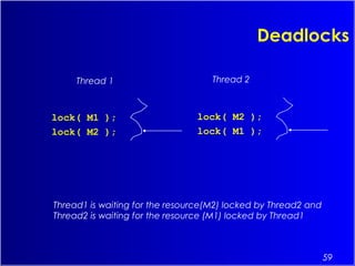 59
Deadlocks
lock( M1 );
lock( M2 );
lock( M2 );
lock( M1 );
Thread 1 Thread 2
Thread1 is waiting for the resource(M2) locked by Thread2 and
Thread2 is waiting for the resource (M1) locked by Thread1
 