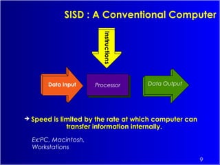 9
SISD : A Conventional Computer
 Speed is limited by the rate at which computer can
transfer information internally.
ProcessorProcessorData Input Data Output
Instructions
Ex:PC, Macintosh,
Workstations
 