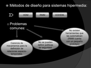  Métodos de diseño para sistemas hipermedia:
HDM RMM OOHDM.
o Problemas
comunes:
Carencia de
mecanismos para la
definición de
relaciones espacio-
temporales.
No se pueden
definir políticas
de seguridad.
No existen
herramientas que
las automaticen
(RMM cuenta
con un pequeño
prototipo)
 