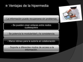  Ventajas de la hipermedia
- La información puede recuperarse sin problemas.
- Se pueden crear enlaces entre nodos
cualesquiera
- Se potencia la modularidad y la consistencia.
- Marco idóneo para la autoría en colaboración
- Soporte a diferentes modos de acceso a la
información.
 