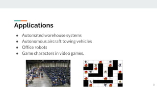 Applications
● Automated warehouse systems
● Autonomous aircraft towing vehicles
● Office robots
● Game characters in video games.
3
 