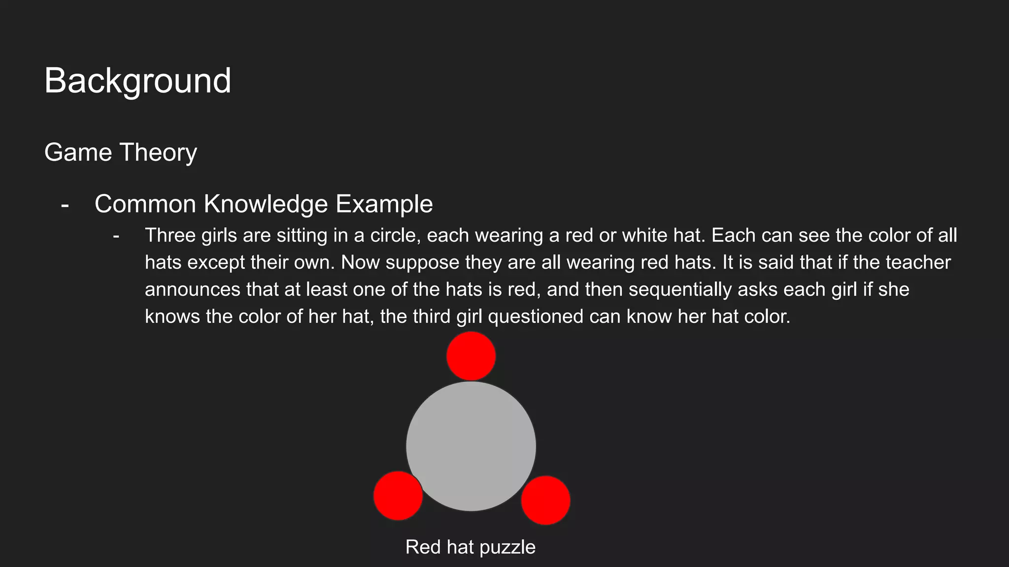 Background
Game Theory
- Common Knowledge Example
- Three girls are sitting in a circle, each wearing a red or white hat. Each can see the color of all
hats except their own. Now suppose they are all wearing red hats. It is said that if the teacher
announces that at least one of the hats is red, and then sequentially asks each girl if she
knows the color of her hat, the third girl questioned can know her hat color.
Red hat puzzle
 