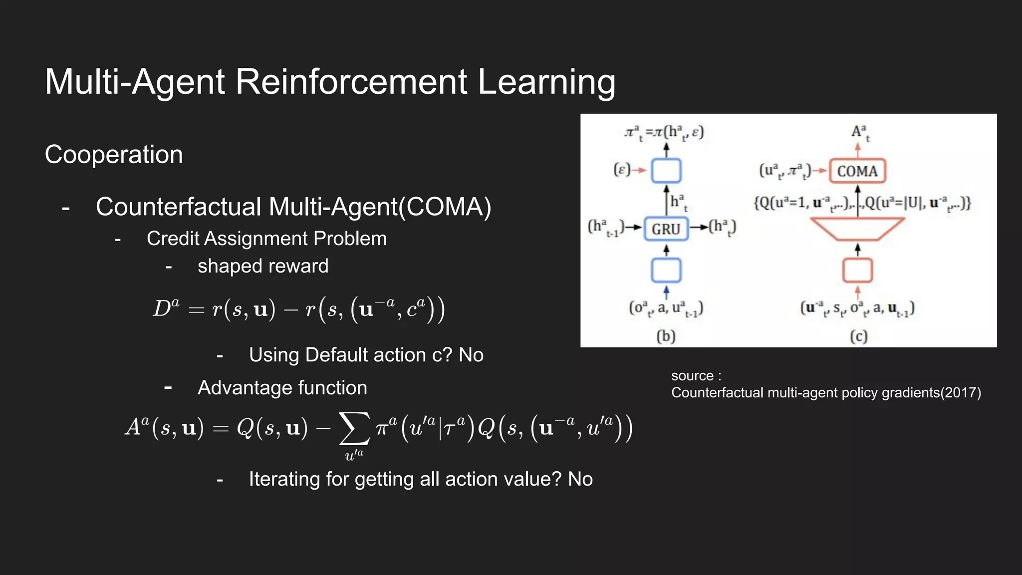 Cooperation
- Counterfactual Multi-Agent(COMA)
- Credit Assignment Problem
- shaped reward
- Using Default action c? No
- Advantage function
- Iterating for getting all action value? No
source :
Counterfactual multi-agent policy gradients(2017)
Multi-Agent Reinforcement Learning
 