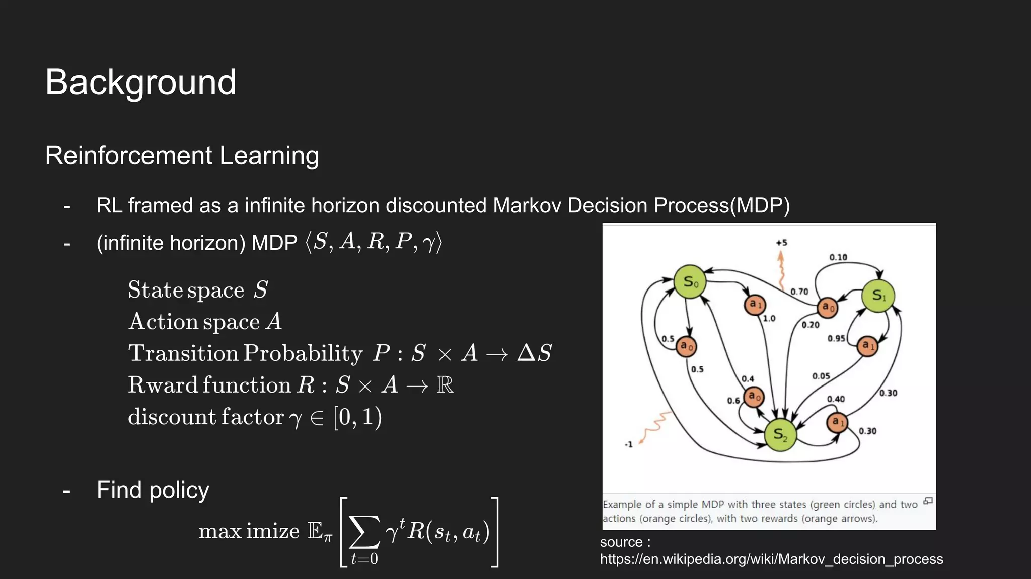 Background
Reinforcement Learning
- RL framed as a infinite horizon discounted Markov Decision Process(MDP)
- (infinite horizon) MDP
- Find policy
source :
https://en.wikipedia.org/wiki/Markov_decision_process
 