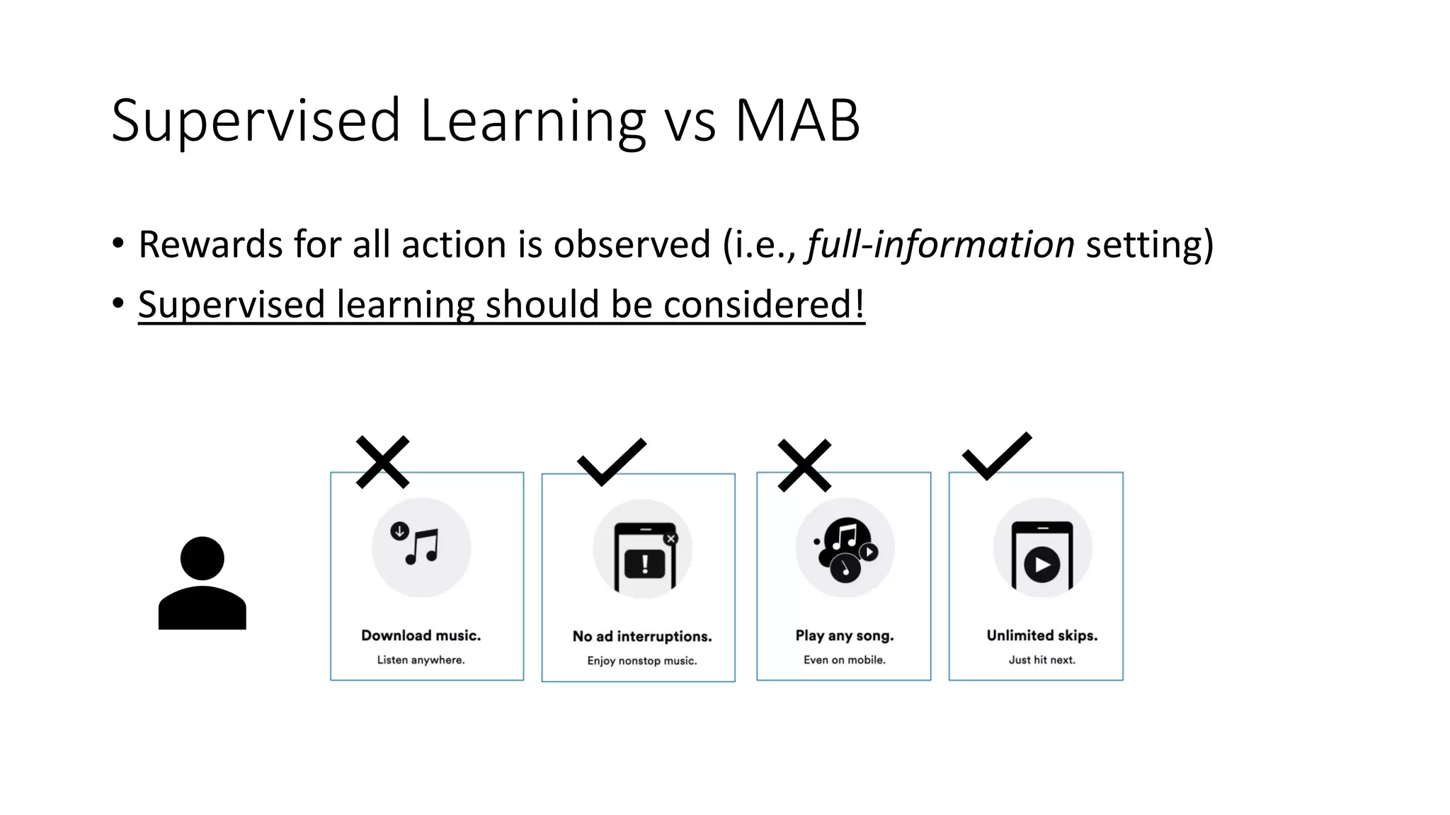 Supervised Learning vs MAB
• Rewards for all action is observed (i.e., full-information setting)
• Supervised learning should be considered!
 