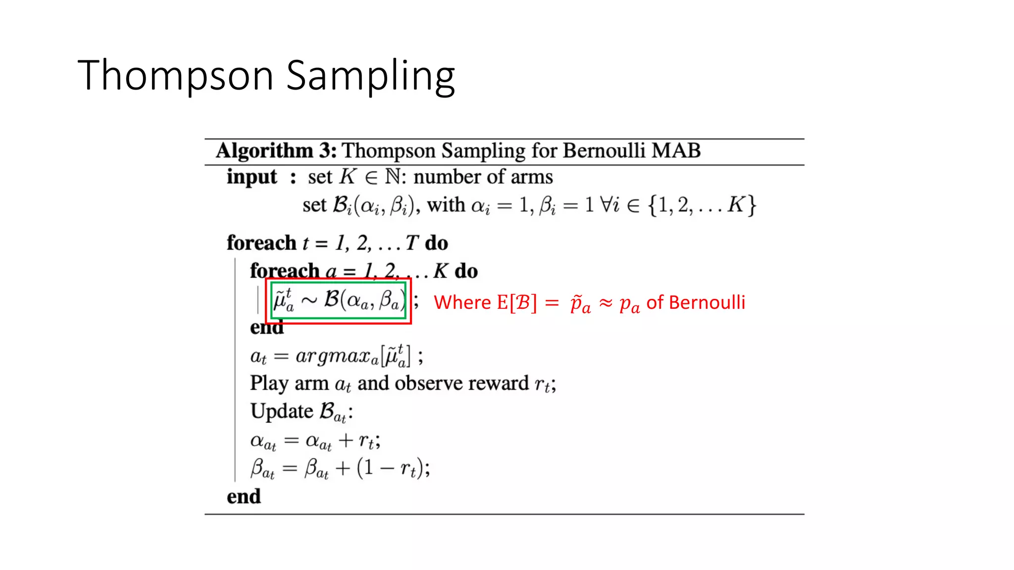 Thompson Sampling
Where E[ℬ] = -
𝑝! ≈ 𝑝! of Bernoulli
 