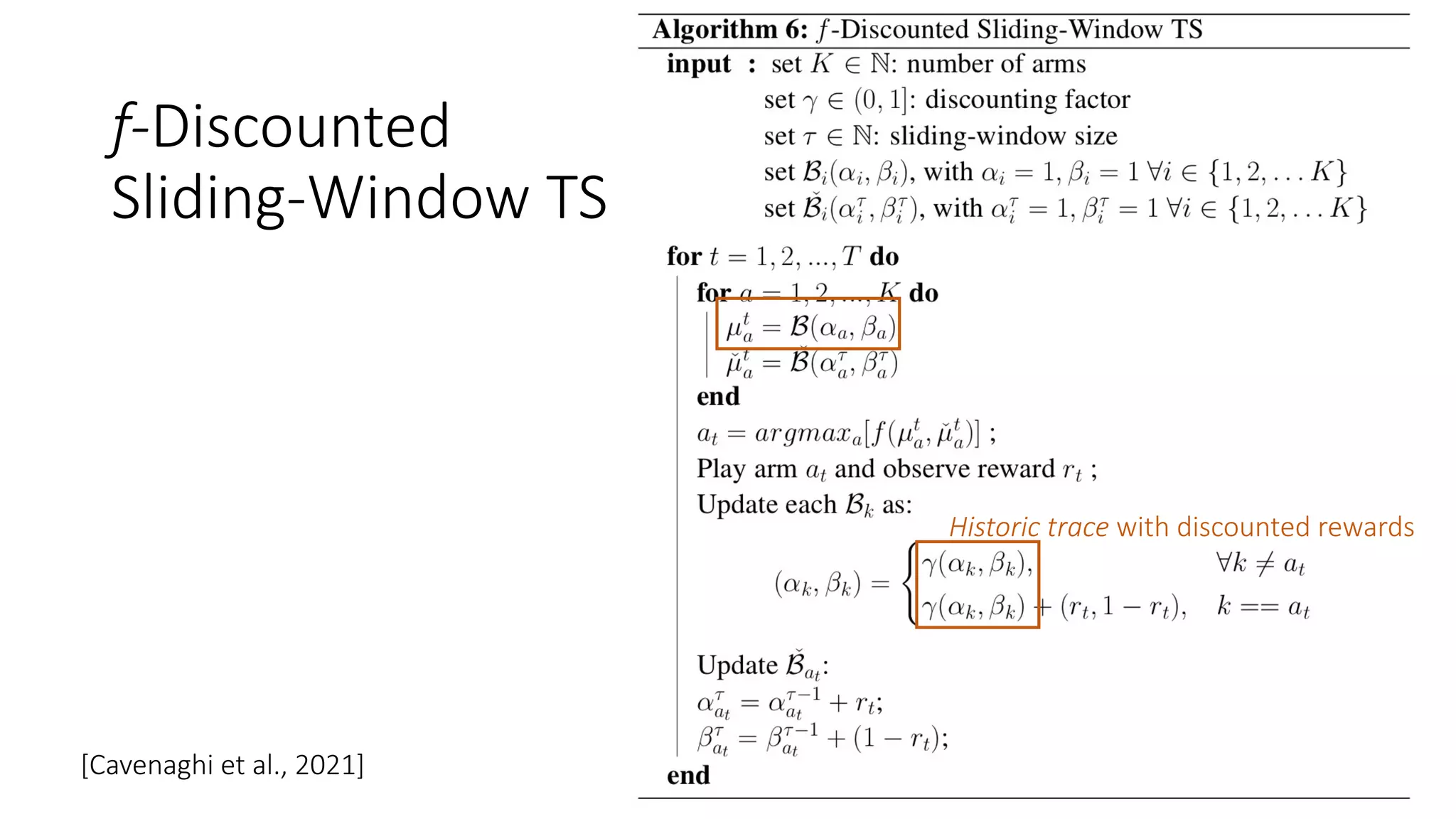 f-Discounted
Sliding-Window TS
Historic trace with discounted rewards
[Cavenaghi et al., 2021]
 