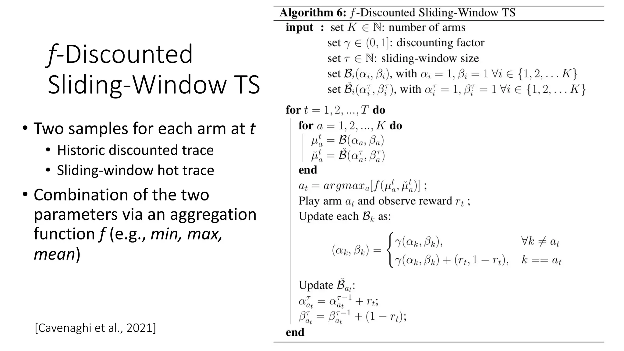 f-Discounted
Sliding-Window TS
• Two samples for each arm at t
• Historic discounted trace
• Sliding-window hot trace
• Combination of the two
parameters via an aggregation
function f (e.g., min, max,
mean)
[Cavenaghi et al., 2021]
 