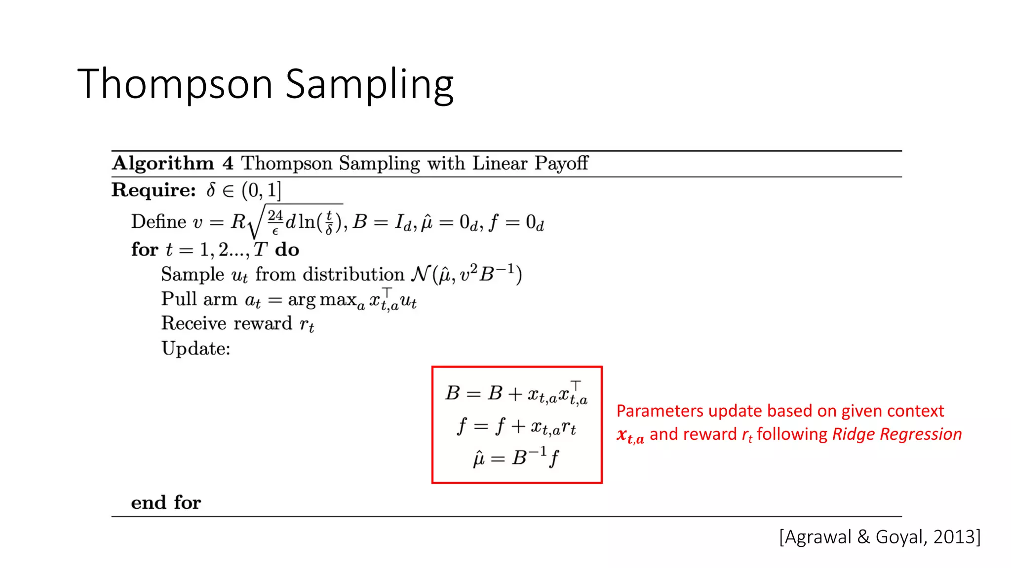 Thompson Sampling
[Agrawal & Goyal, 2013]
Parameters update based on given context
𝒙𝒕,𝒂 and reward rt following Ridge Regression
 