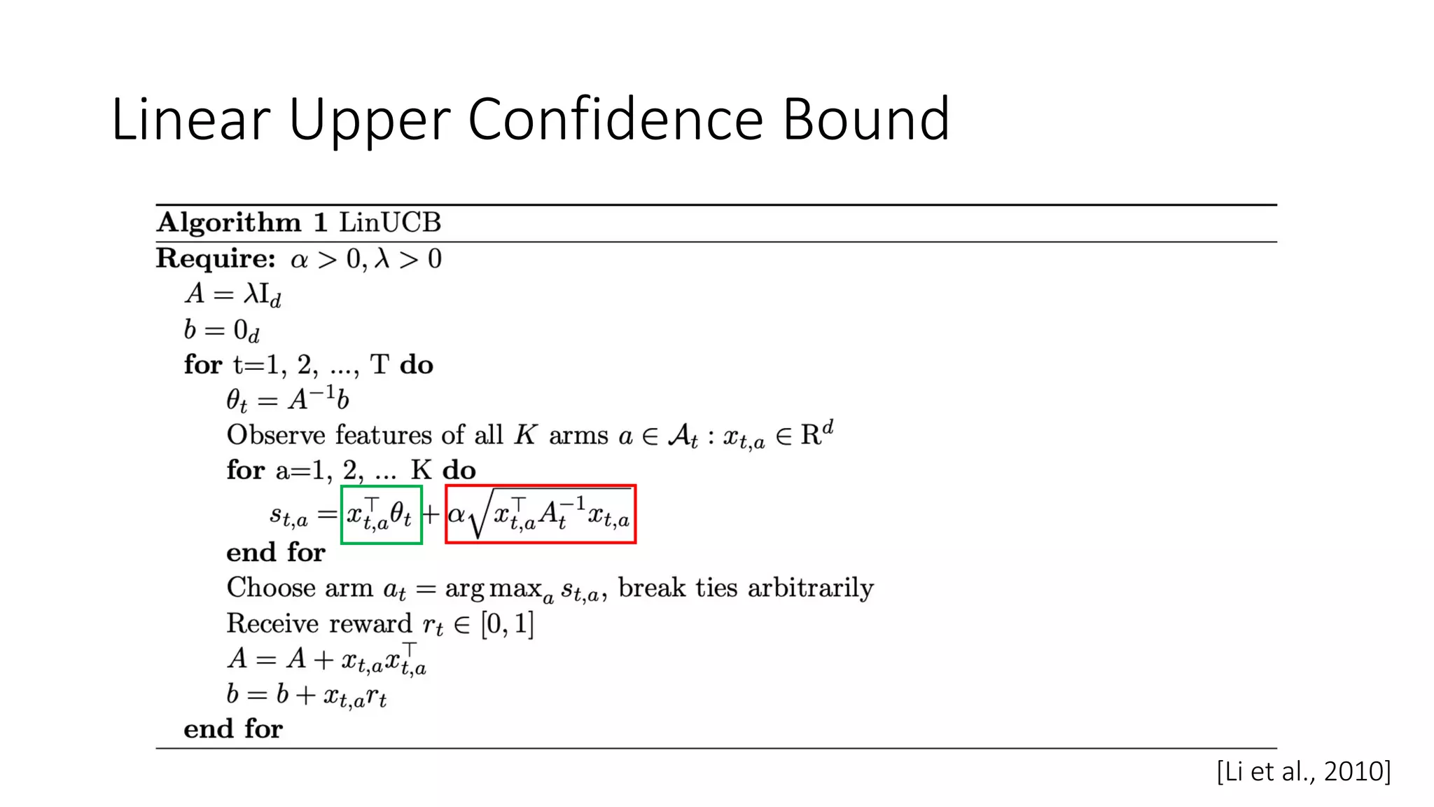 Linear Upper Confidence Bound
[Li et al., 2010]
 