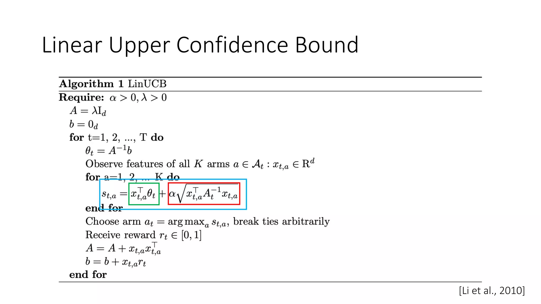 Linear Upper Confidence Bound
[Li et al., 2010]
 