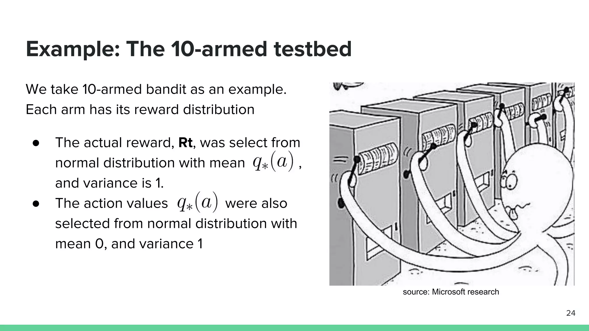We take 10-armed bandit as an example.
Each arm has its reward distribution
● The actual reward, Rt, was select from
normal distribution with mean ,
and variance is 1.
● The action values were also
selected from normal distribution with
mean 0, and variance 1
Example: The 10-armed testbed
source: Microsoft research
24
 