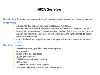 NPCA OverviewOur Mission: To protect and enhance America's national parks for present and future generations.What We Do:Advocate for the national parks and the National Park Service.Educate decision makers & the public about the importance of preserving the parks.Help convince members of Congress to uphold the laws that protect the parks and to support new legislation to address threats to the parksand fight attempts to weaken these laws in the courts.Assess the health of the parks and park management to better inform our advocacy work.Our Constituents:340,000 members, give $15+ to receive magazine 44% age 65+ 60,000 with email addresses39,000 online donors330,000 online subscribers/activists38% age 65+114,000 have taken at least 1 actionAll support NPCA because they love national parks!