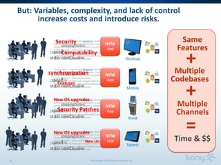 © Copyright 5/3/2013 Kony Solutions, Inc9
Scanner stdIn = new Scanner(System.in double speed; // User
entered valuedouble tailGatingDistance; // user entered
valudouble stoppingDistance;System.out.print("Enter your speed
(mph): ");speed = stdIn.nextDouble();
System.out.print("Enter your tailgate distance:
");tailGatingDistance = stdIn.nextDouble();stoppingDistance =
speed * (2.25 + speed/21); // number
stoppingDistanc
e
;speed =
stdIn.nextDouble
Security
Scanner stdIn = new Scanner(System.in double speed; // User
entered valuedouble tailGatingDistance; // user entered
valudouble stoppingDistance;System.out.print("Enter your speed
(mph): ");speed = stdIn.nextDouble();
System.out.print("Enter your tailgate distance:
");tailGatingDistance = stdIn.nextDouble();stoppingDistance =
speed * (2.25 + speed/21); // number
stoppingDistanc
e
;speed =
stdIn.nextDouble
synchronization
Features
Scanner stdIn = new Scanner(System.in double speed; // User
entered valuedouble tailGatingDistance; // user entered
valudouble stoppingDistance;System.out.print("Enter your speed
(mph): ");speed = stdIn.nextDouble();
System.out.print("Enter your tailgate distance:
");tailGatingDistance = stdIn.nextDouble();stoppingDistance =
speed * (2.25 + speed/21); // number
stoppingDistanc
e
;speed =
stdIn.nextDouble
New OS upgrades
Security Patches
Scanner stdIn = new Scanner(System.in double speed; // User
entered valuedouble tailGatingDistance; // user entered
valudouble stoppingDistance;System.out.print("Enter your speed
(mph): ");speed = stdIn.nextDouble();
System.out.print("Enter your tailgate distance:
");tailGatingDistance = stdIn.nextDouble();stoppingDistance =
speed * (2.25 + speed/21); // number
stoppingDistanc
e
;speed =
stdIn.nextDouble
New OS upgrades
New UIs
NEW
App
NEW
App
NEW
App
NEW
App
Multiple
Codebases
Same
Features
Multiple
Channels
+
+
=Time & $$
Desktop
Mobile
Kiosk
Tablets
But: Variables, complexity, and lack of control
increase costs and introduce risks.
Compatability
 