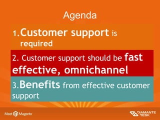 Agenda
1.Customer support is
required
2. Customer support should be fast
effective, omnichannel
3.Benefits from effective ...