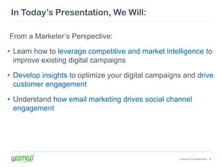 In Today’s Presentation, We Will:

From a Marketer’s Perspective:

• Learn how to leverage competitive and market intelligence to
  improve existing digital campaigns

• Develop insights to optimize your digital campaigns and drive
  customer engagement

• Understand how email marketing drives social channel
  engagement




                                                    Yesmail Confidential 4
 