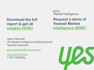 Download the full                       Request a demo of
report & get all                        Yesmail Market
insights HERE!                          Intelligence HERE!

Jason Warnock
VP, Market Intelligence & Measurement
Yesmail Interactive
jason.warnock@yesmail.com
www.yesmail.com
1-877-YESMAIL
 