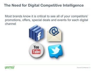 The Need for Digital Competitive Intelligence

Most brands know it is critical to see all of your competitors’
promotions, offers, special deals and events for each digital
channel




                                                      Yesmail Confidential 6
 