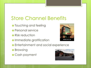 Store Channel Benefits
 Touching
 Personal
 Risk

and feeling

service

reduction

 Immediate

gratification

 Entertainment

and social experience

 Browsing
 Cash

payment

 