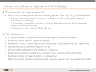 105American Marketing Association
Customer Journey Maps as Inspiration for Channel Strategy
" What’s a customer experience map?
•  Graphical representation of the customer engagement from beginning, middle and end.
–  Includes tangible interactions, triggers and touchpoints, as well as intangible motivations,
frustrations and meanings.
–  6 Dimensions: Time/duration, Interactivity, Intensity, Breadth/consistency, Sensoral/cognitive
triggers, Siginificance/meaning
–  3 Components: What customers Think, Do, Use
" Typical elements:
•  Customer actions, usually broken into chronological phases of some kind
•  Goals and needs at each step in the process
•  Moments of truth, or areas of particular importance in the overall customer experience
•  Pain points, gaps and disconnects in service
•  Brand impact, satisfaction, and emotional responses
•  Business touchpoints and process, including roles, systems and departments
•  Existing services and opportunities for improvement
•  Other descriptive and contextual elements may also appear, such as quotes and photos.
 