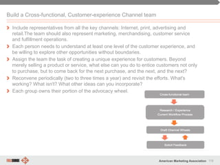 118American Marketing Association
Build a Cross-functional, Customer-experience Channel team
" Include representatives from all the key channels: Internet, print, advertising and
retail.The team should also represent marketing, merchandising, customer service
and fulfillment operations.
" Each person needs to understand at least one level of the customer experience, and
be willing to explore other opportunities without boundaries.
" Assign the team the task of creating a unique experience for customers. Beyond
merely selling a product or service, what else can you do to entice customers not only
to purchase, but to come back for the next purchase, and the next, and the next?
" Reconvene periodically (two to three times a year) and revisit the efforts. What's
working? What isn't? What other ideas can you incorporate?
" Each group owns their portion of the advocacy wheel.
 