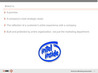 33American Marketing Association
" A promise.
" A company’s most strategic asset.
" The reflection of a customer’s entire experience with a company.
" Built and protected by entire organization, not just the marketing department.
Brand is:
 
