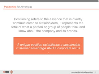 48American Marketing Association
Positioning for Advantage
Positioning refers to the essence that is overtly
communicated to stakeholders. It represents the
total of what a person or group of people think and
know about the company and its brands.
A unique position establishes a sustainable
customer advantage AND a corporate focus.
.
 