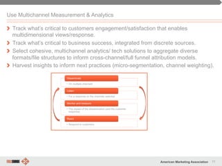 77American Marketing Association
" Track what’s critical to customers engagement/satisfaction that enables
multidimensional views/response.
" Track what’s critical to business success, integrated from discrete sources.
" Select cohesive, multichannel analytics/ tech solutions to aggregate diverse
formats/file structures to inform cross-channel/full funnel attribution models.
" Harvest insights to inform next practices (micro-segmentation, channel weighting).
Use Multichannel Measurement & Analytics
 