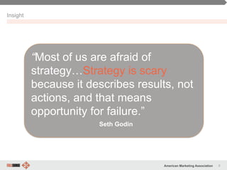 8American Marketing Association
Insight
“Most of us are afraid of
strategy…Strategy is scary
because it describes results, not
actions, and that means
opportunity for failure.”
Seth Godin
 