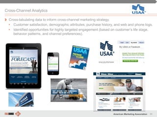94American Marketing Association
Cross-Channel Analytics
" Cross-tabulating data to inform cross-channel marketing strategy.
•  Customer satisfaction, demographic attributes, purchase history, and web and phone logs.
•  Identified opportunities for highly targeted engagement (based on customer’s life stage,
behavior patterns, and channel preferences).
 